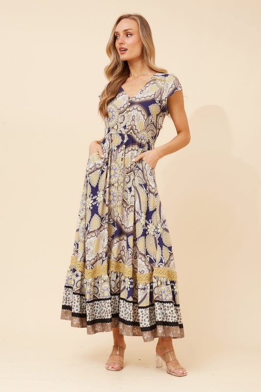 Image of Dresses. Product name - MOROCCO ABSTRACT PRINT MAXI DRESS in Sage colour by brand - Caroline Morgan Australia