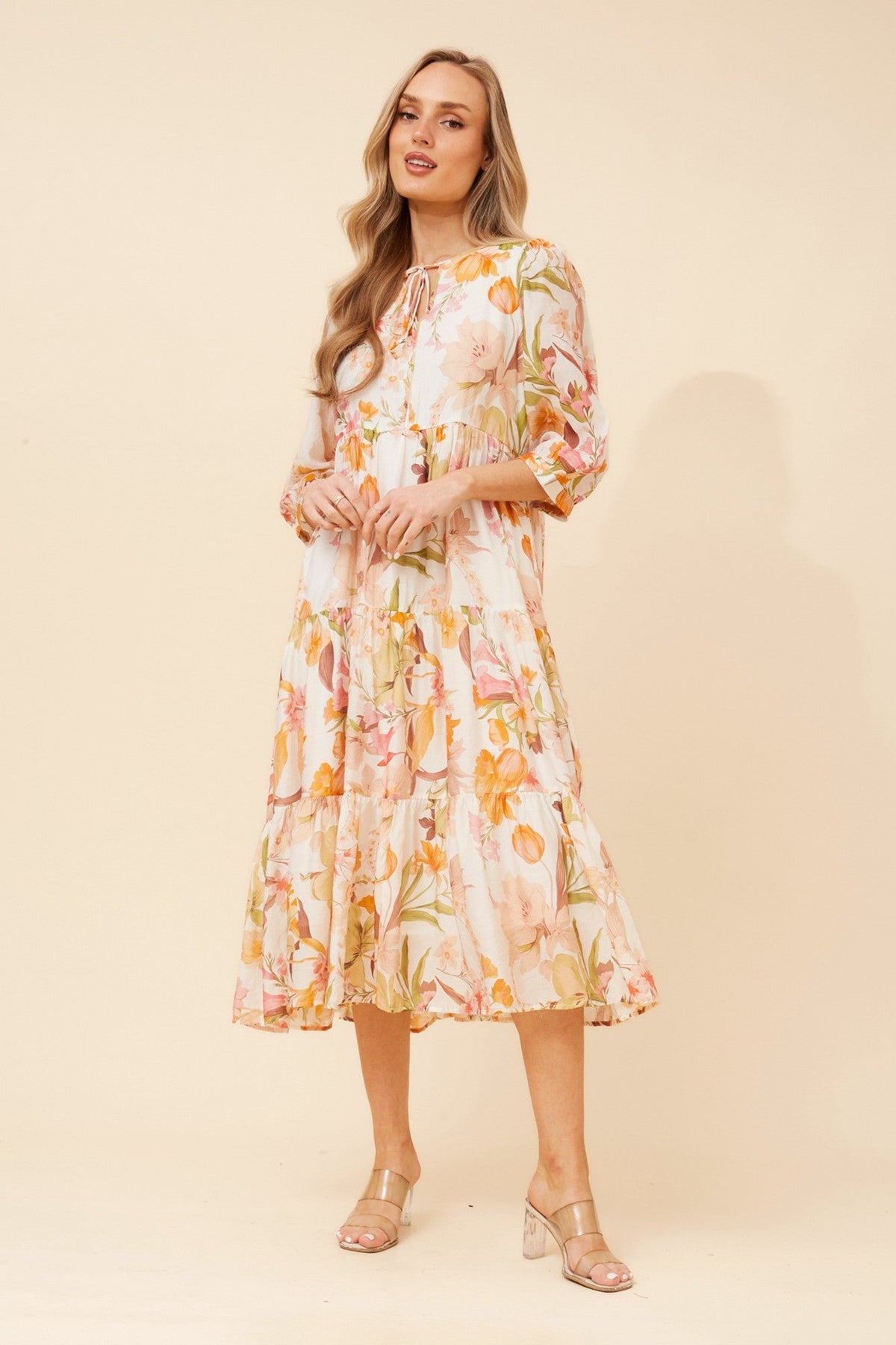 Image of Dresses. Product name - PHIL FLORAL MIDI DRESS in Multi Orange colour by brand - Caroline Morgan Australia