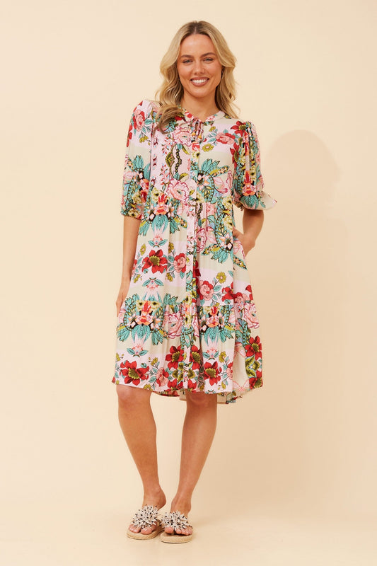 Image of Dresses. Product name - JAVANA FLORAL DRESS in Multi Pink colour by brand - Caroline Morgan Australia