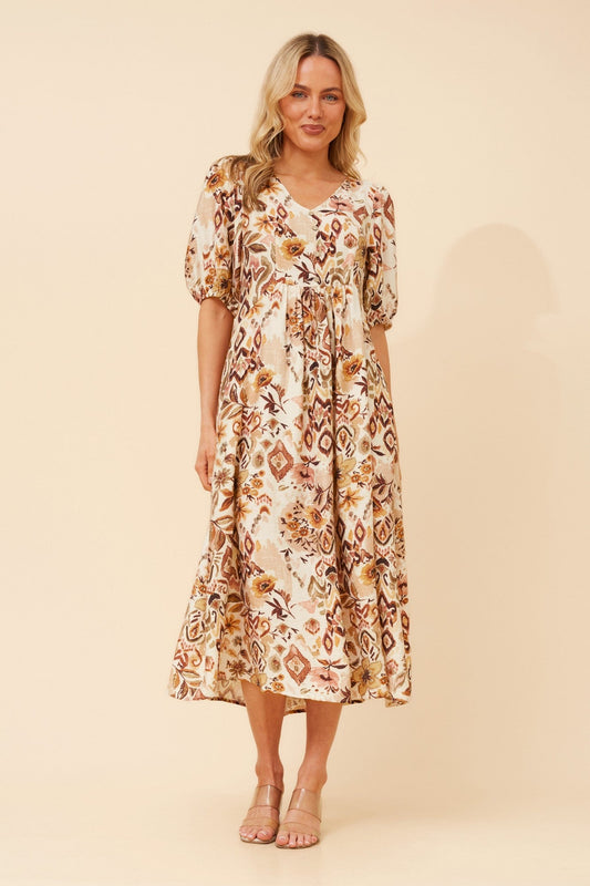 Image of Dresses. Product name - ORAZIA ABSTRACT PRINT MIDI DRESS in Multi Beige colour by brand - Caroline Morgan Australia