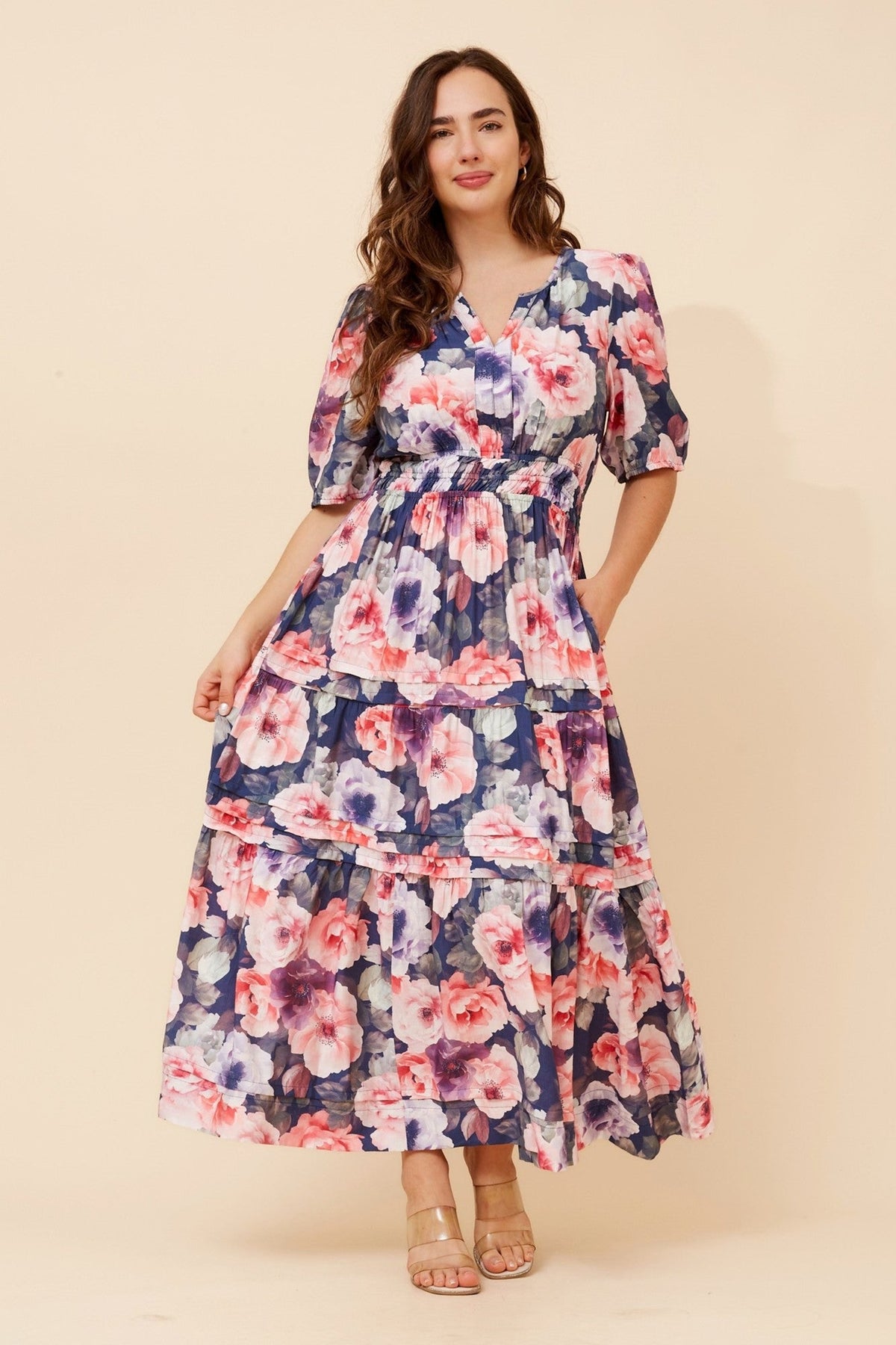 Image of Dresses. Product name - VIENNE FLORAL MAXI DRESS in Navy colour by brand - Caroline Morgan Australia