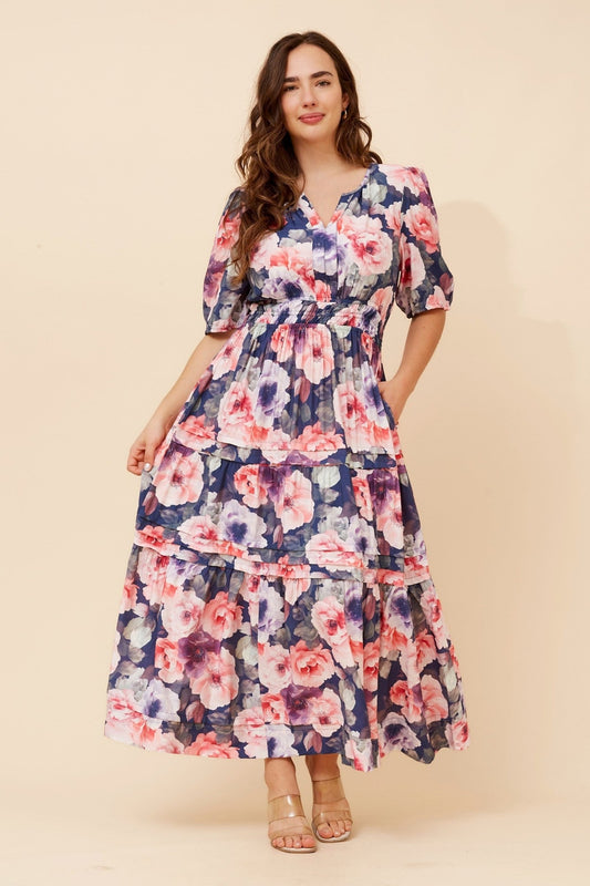 Image of Dresses. Product name - VIENNE FLORAL MAXI DRESS in Navy colour by brand - Caroline Morgan Australia