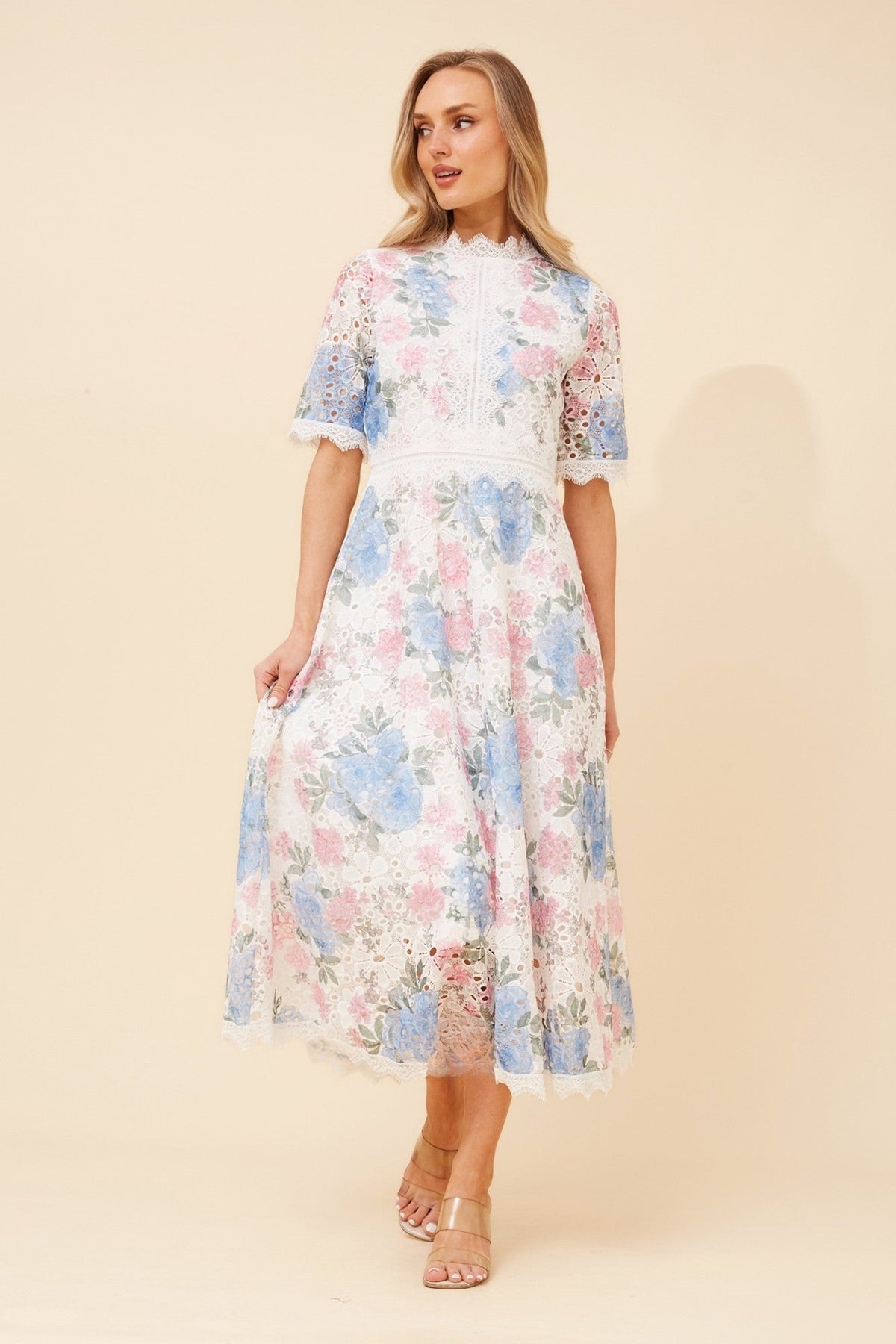 Image of Dresses. Product name - ESMERALDA FLORAL LACE MIDI DRESS in White colour by brand - Caroline Morgan Australia