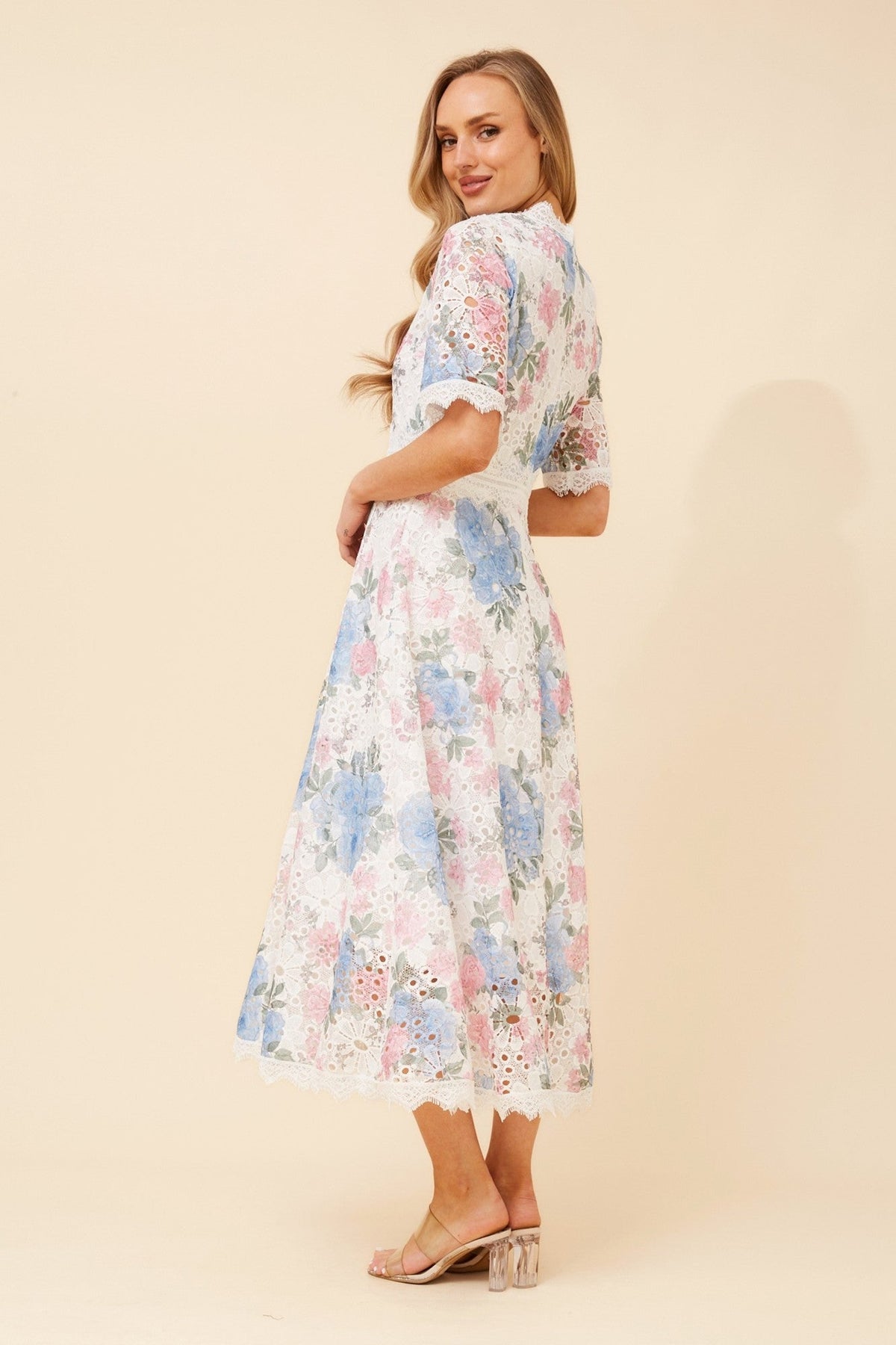 ESMERALDA FLORAL LACE MIDI DRESS (White)