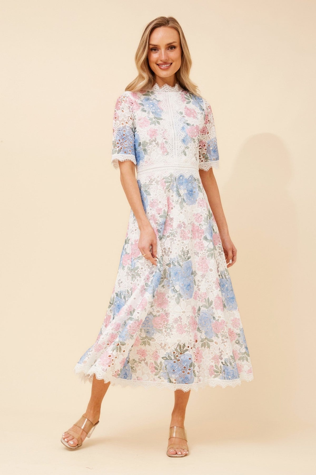 ESMERALDA FLORAL LACE MIDI DRESS (White)