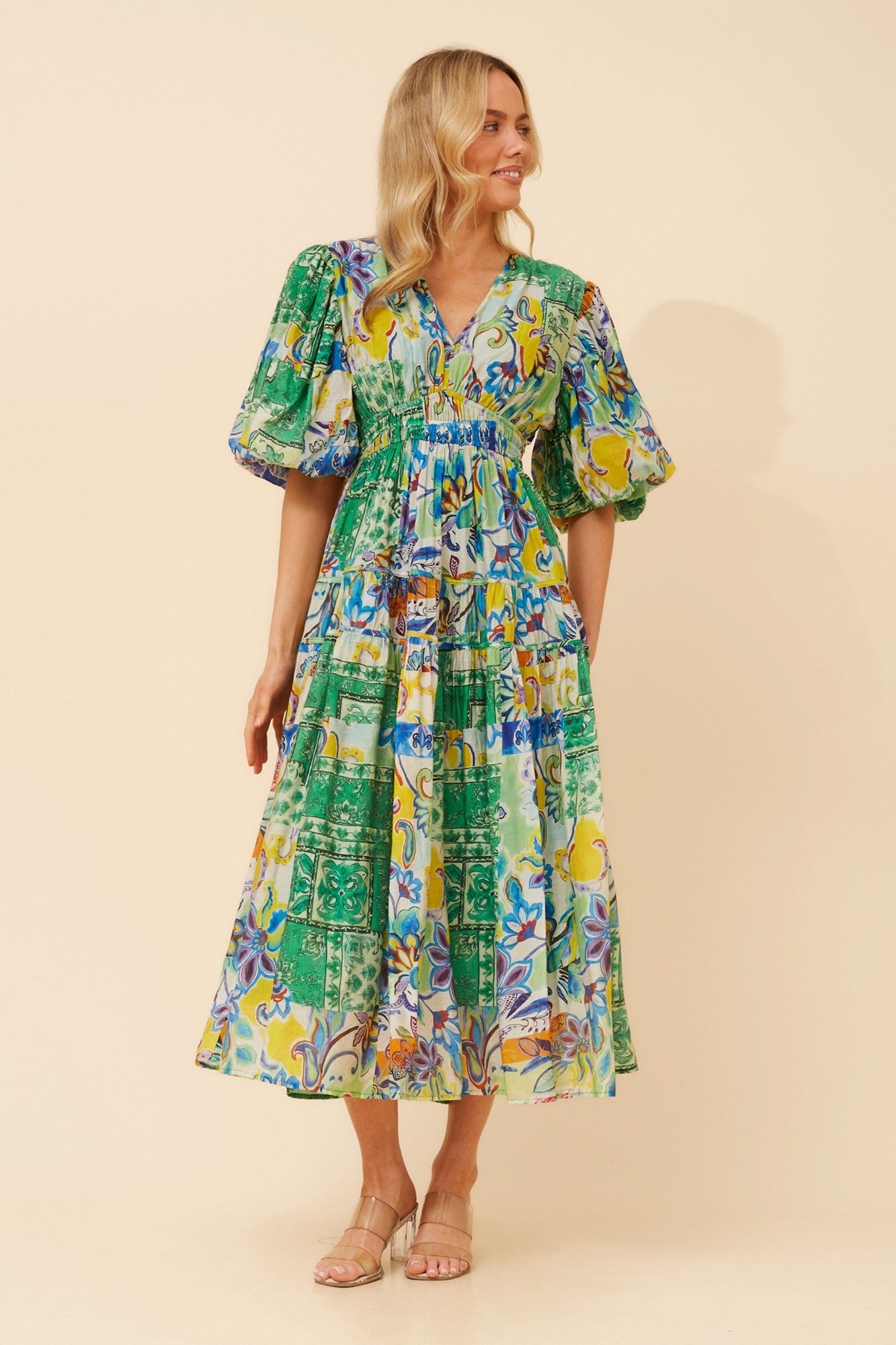 Image of Dresses. Product name - ANUSHKA PATCHWORK PRINT MIDI DRESS in Multi Blue colour by brand - Caroline Morgan Australia