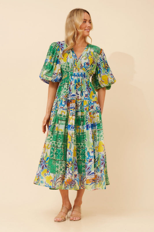 Image of Dresses. Product name - ANUSHKA PATCHWORK PRINT MIDI DRESS in Multi Blue colour by brand - Caroline Morgan Australia