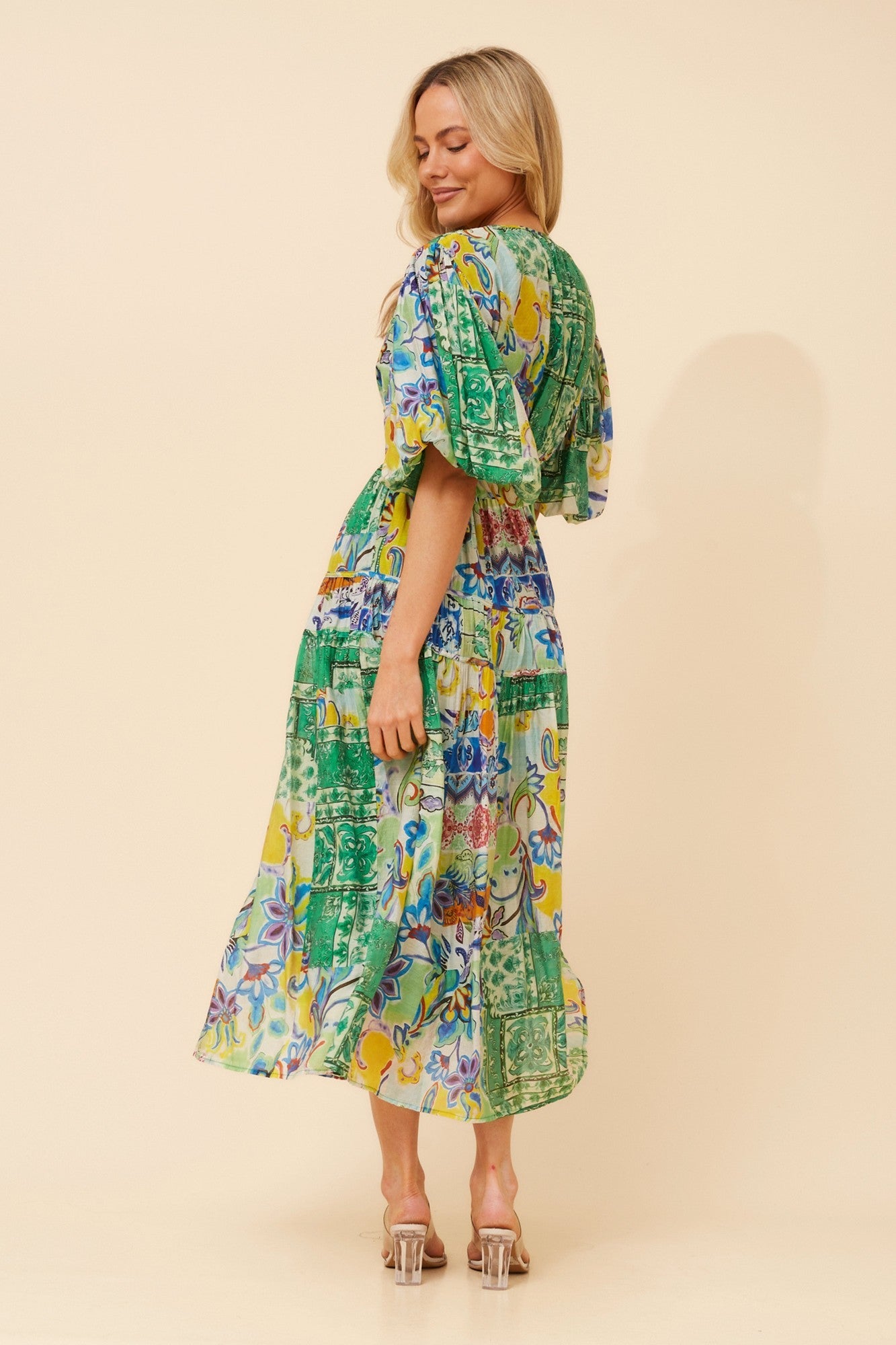 ANUSHKA PATCHWORK PRINT MIDI DRESS (Multi Blue)