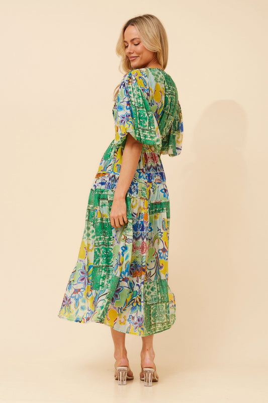 ANUSHKA PATCHWORK PRINT MIDI DRESS (Multi Blue)