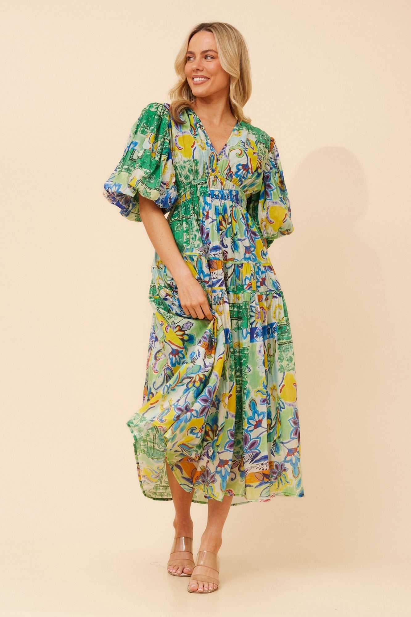 ANUSHKA PATCHWORK PRINT MIDI DRESS (Multi Blue)