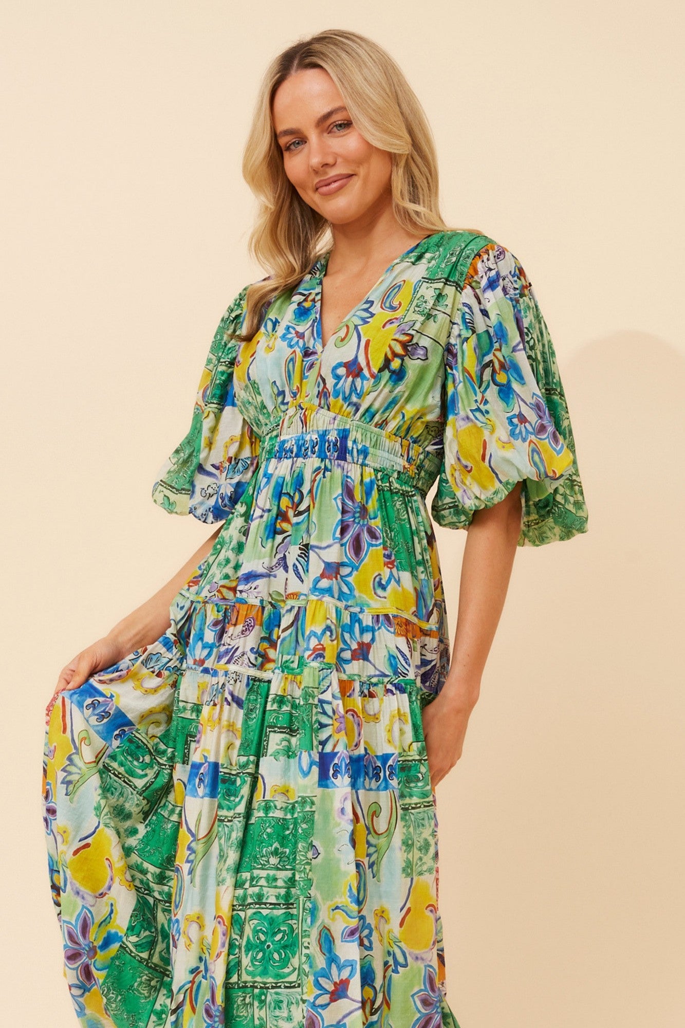 ANUSHKA PATCHWORK PRINT MIDI DRESS (Multi Blue)