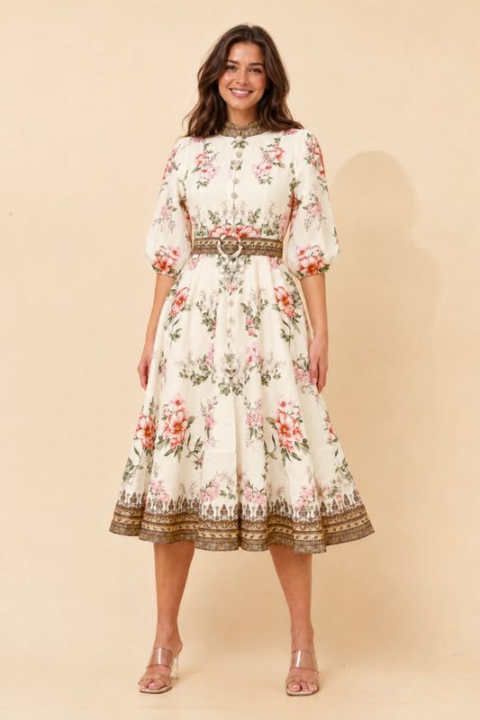 Image of Dresses. Product name - ALIATT BORDER PRINT MIDI DRESS in Ivory colour by brand - Stella