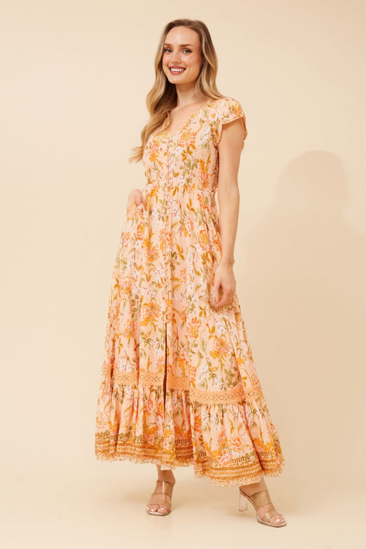 Image of Dresses. Product name - MOROCCO FLORAL MAXI DRESS in Orange colour by brand - Caroline Morgan Australia