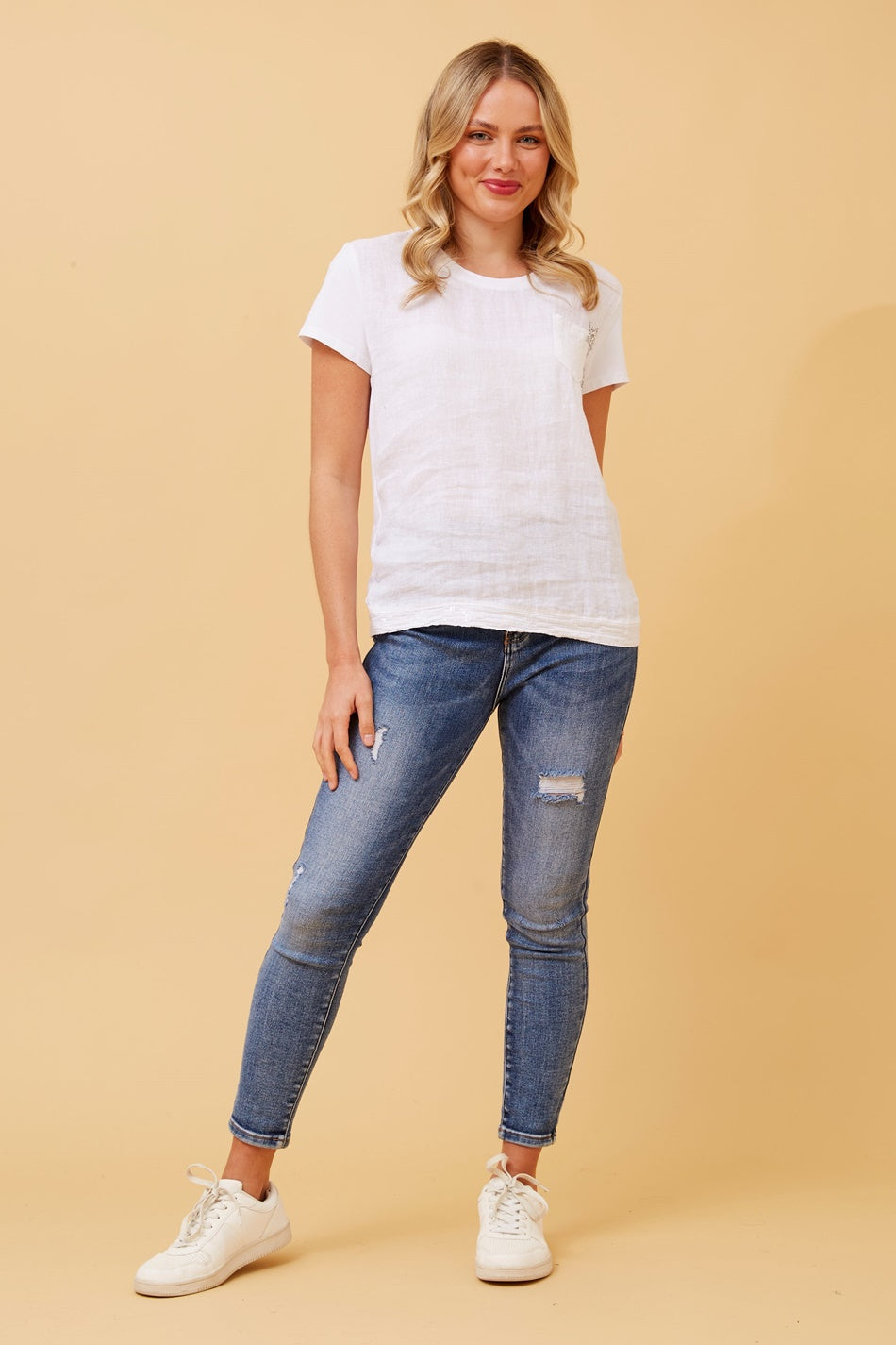 AMARI SEQUIN DETAIL LINEN TOP (Beige)