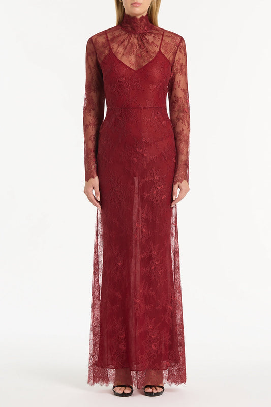 Image of Dresses. Product name - Dahlia Red Lace Long Sleeve Gown in Red colour by brand - Carla Zampatti