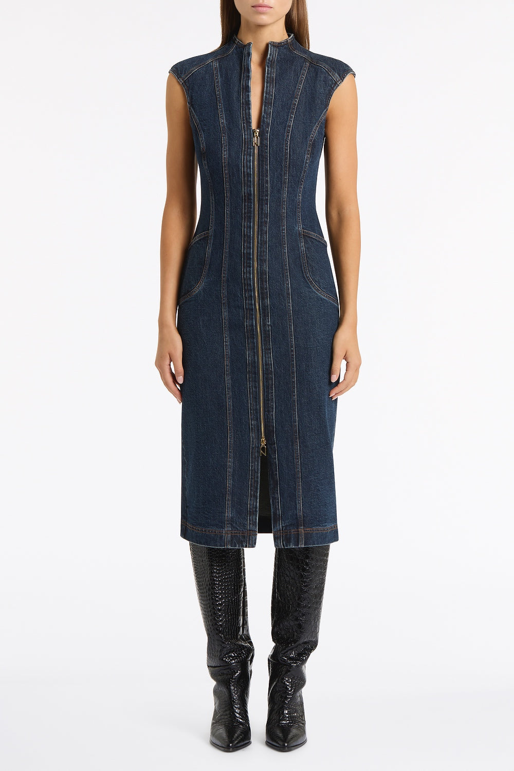 Image of Dresses. Product name - Dark Indigo Denim Panel Dress in Blue colour by brand - Carla Zampatti