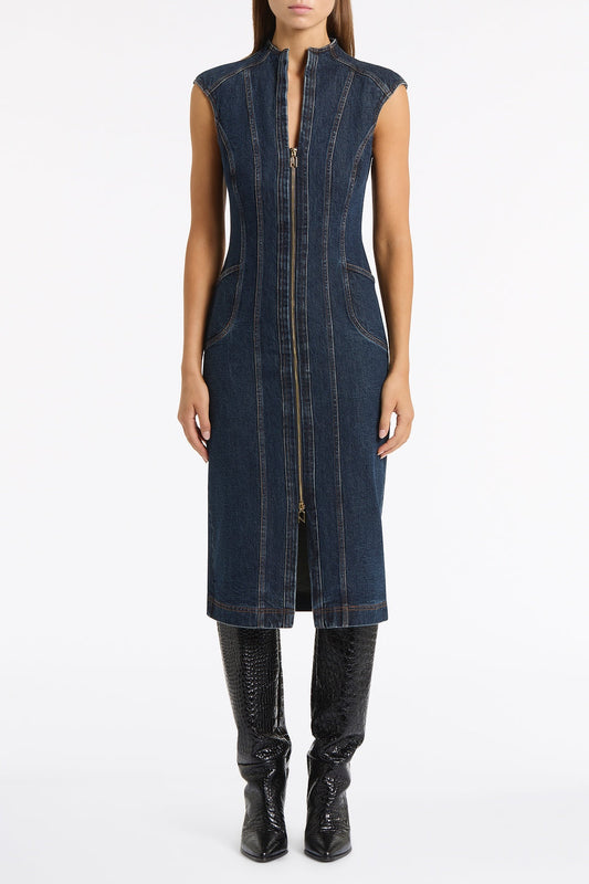 Image of Dresses. Product name - Dark Indigo Denim Panel Dress in Blue colour by brand - Carla Zampatti