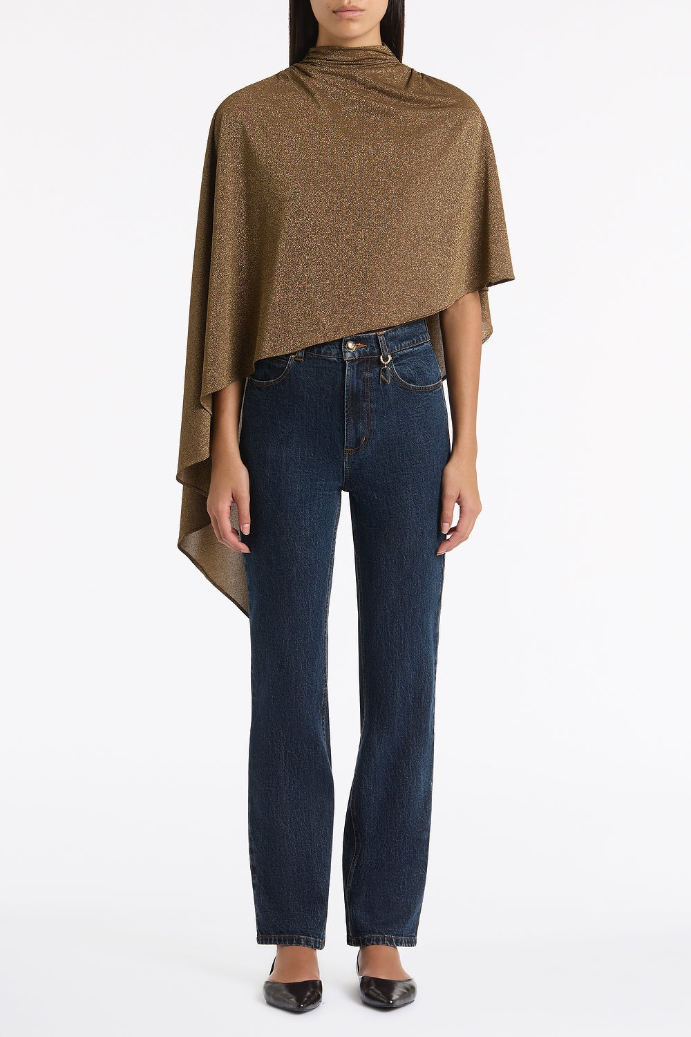 Image of a model wearing Pants. Product name - Dark Indigo Denim Straight Leg Jean in Blue colour by brand - Carla Zampatti