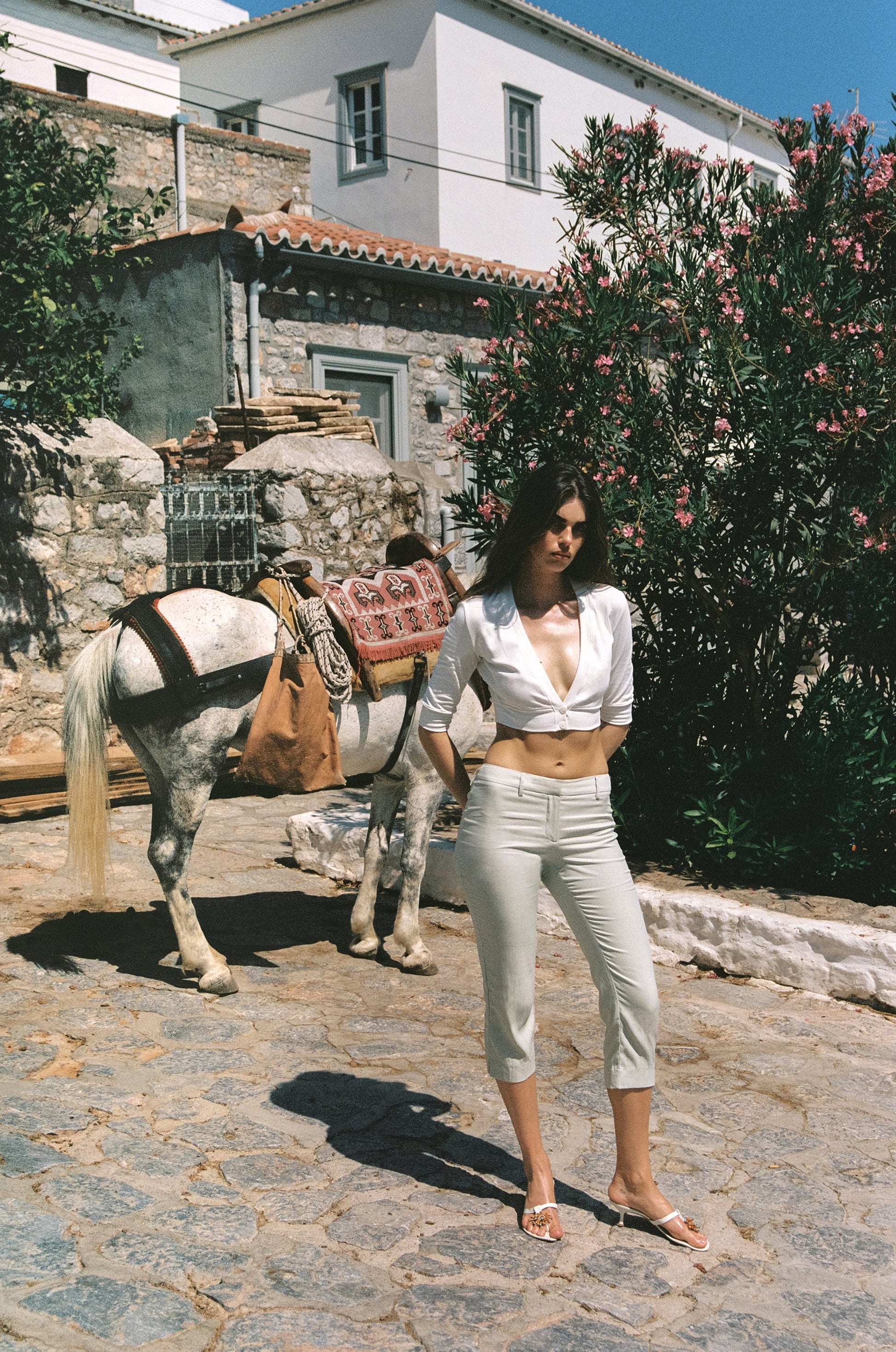 Image of a model wearing Pants. Product name - Davis Capri Pants in Dusty Sage colour by brand - With Jéan
