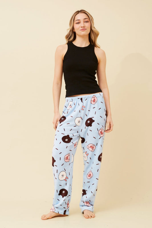 Image of a model wearing Pants. Product name - LEE ANIMAL PRINT PLUSH PYJAMA PANTS in Blue colour by brand - Caroline Morgan Australia