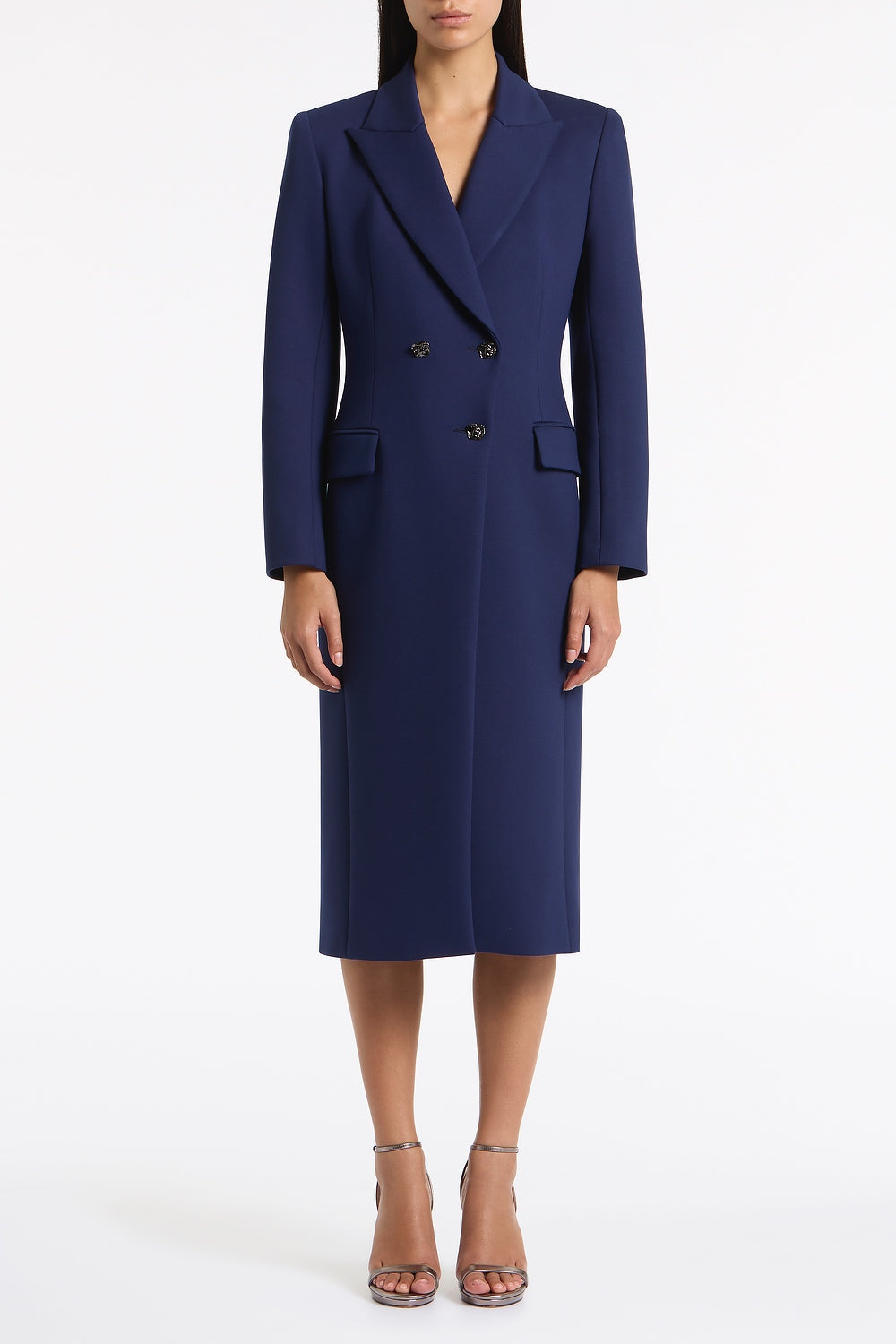 Image of a model wearing Outerwear. Product name - Deep Blue Ponte Double Breasted Coat in Blue colour by brand - Carla Zampatti