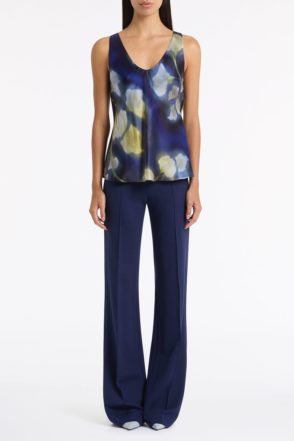 Image of a model wearing Pants. Product name - Deep Blue Ponte Wide Leg Pant in Blue colour by brand - Carla Zampatti