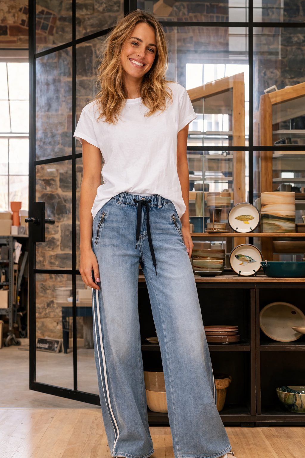 Italian Star Glam Track Jean (Navy Stripe)