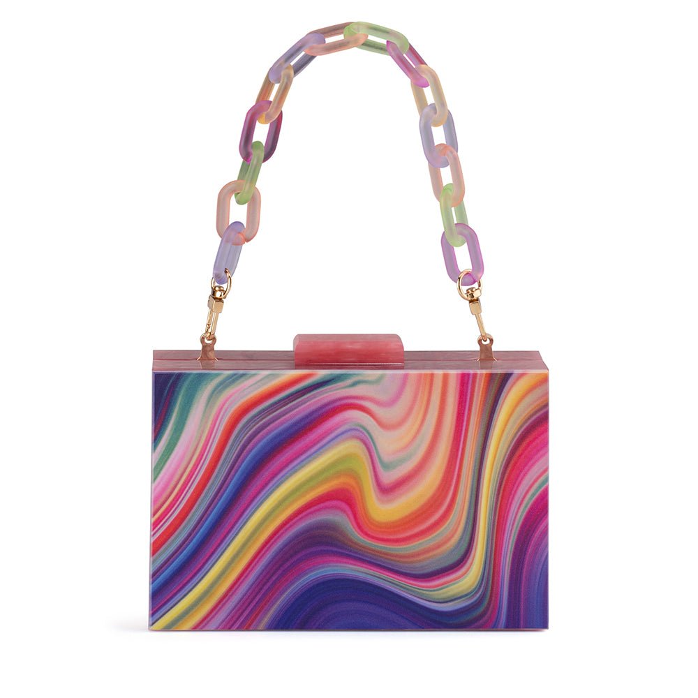 Image of Bags. Productname: DOROTHY Swirl Print Box Clutch in Multi colour by brand - Olga Berg