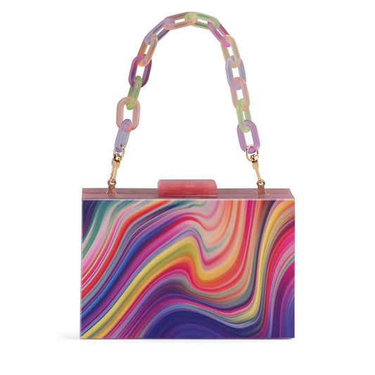 Image of Bags. Productname: DOROTHY Swirl Print Box Clutch in Multi colour by brand - Olga Berg