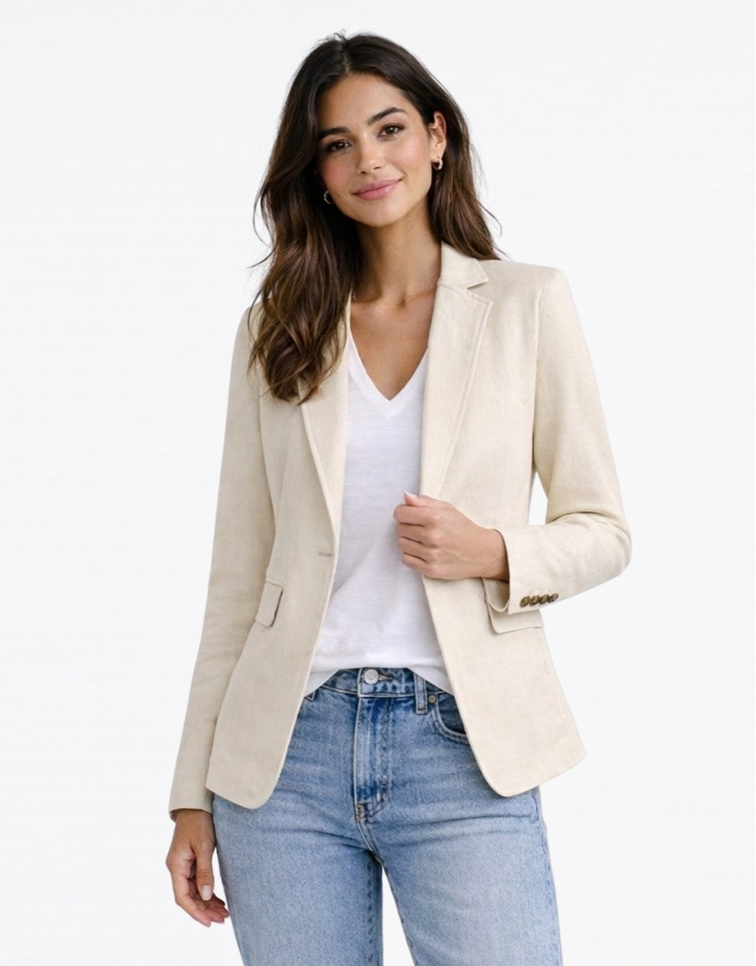 Image of a model wearing Outerwear. Productname: Drew Blazer - in Natural colour by brand - 365 Days