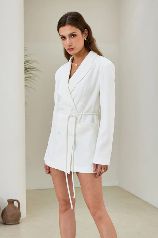 Image of a model wearing Tops. Productname: Heychic Eloise Double Breasted Blazer in White colour by brand - Heychic