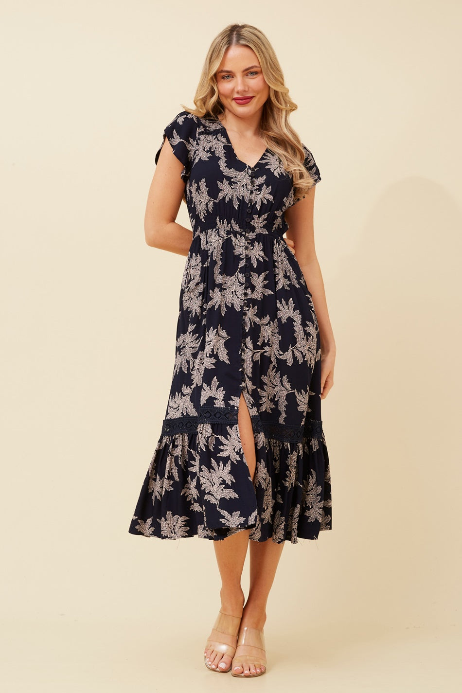 MOROCCO LEAF PRINT MIDI DRESS (Navy)
