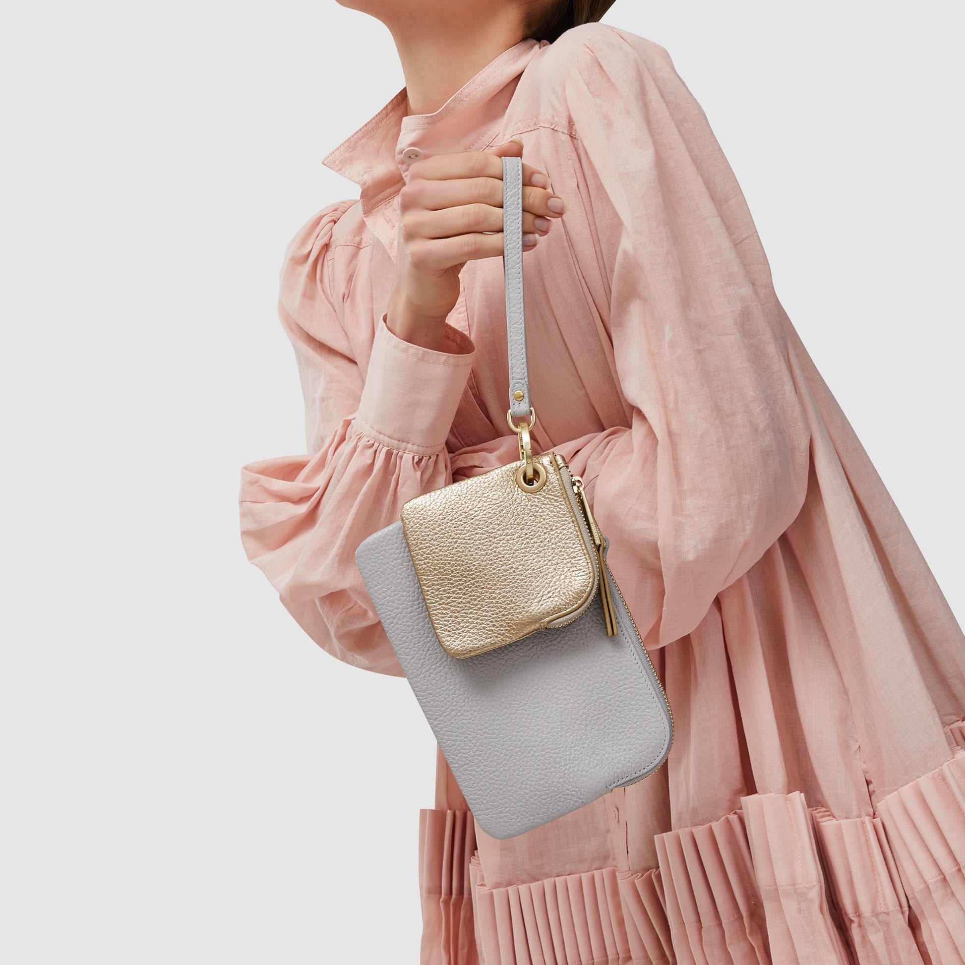 Image of Bags. Product name - EADIE CLUTCH DOVE GREY/GOLD in Grey colour by brand - KINNON