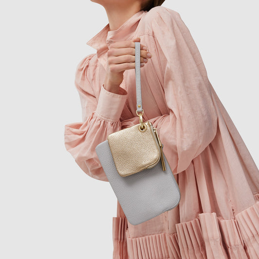 Image of Bags. Product name - EADIE CLUTCH DOVE GREY/GOLD in Grey colour by brand - KINNON