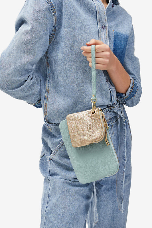 Image of Bags. Product name - EADIE CLUTCH MIST/GOLD in Mist colour by brand - KINNON