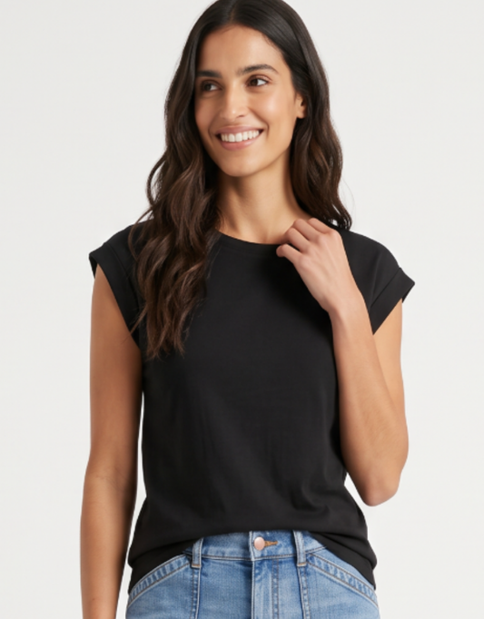 Image of T-Shirts. Product name - The Edit Cap Sleeve Tank Black in Black colour by brand - White & Co.