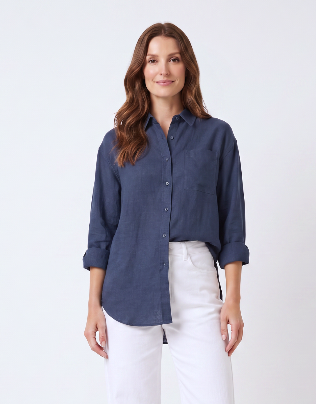 Image of a model wearing Tops. Product name - Elemental Shirt Navy in Navy colour by brand - Foxwood