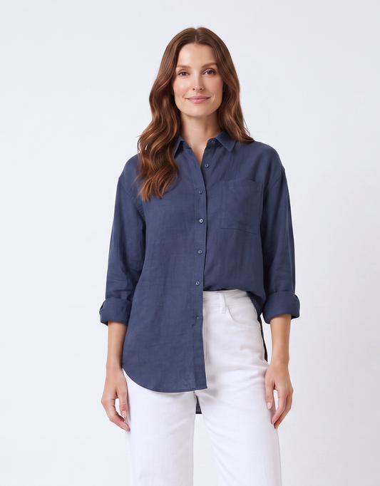 Image of a model wearing Tops. Product name - Elemental Shirt Navy in Navy colour by brand - Foxwood