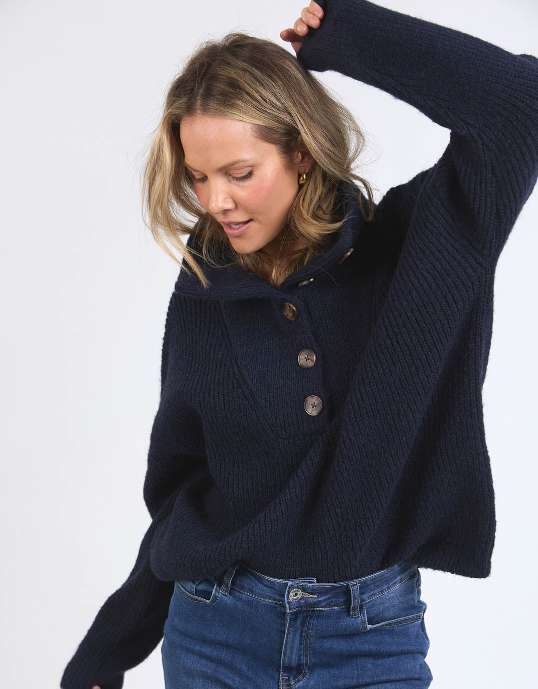 Bron Button Knit - (Navy)