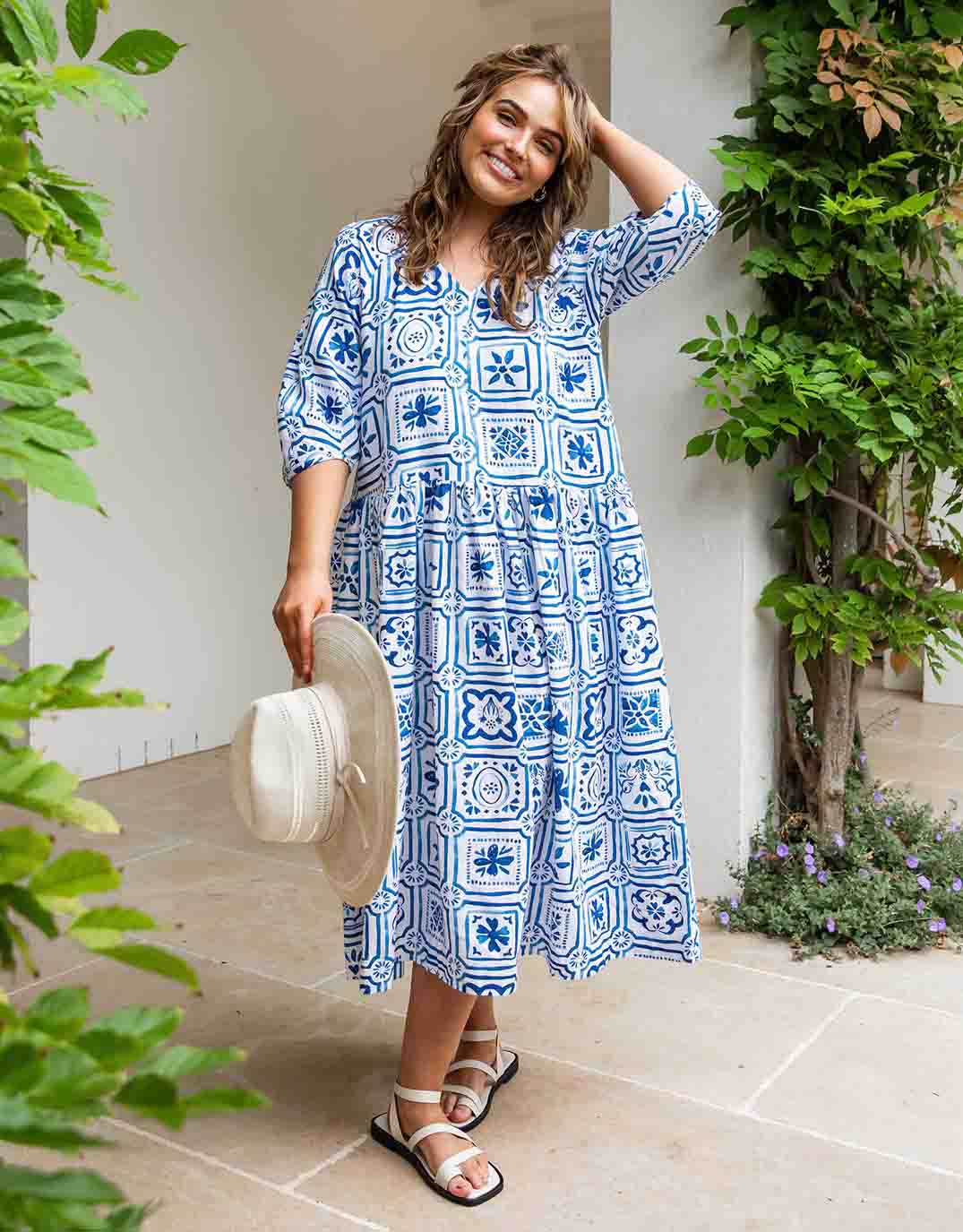 Image of Dresses. Productname: Dolce Tile Midi Dress - in Ocean Tile Print colour by brand - Elm