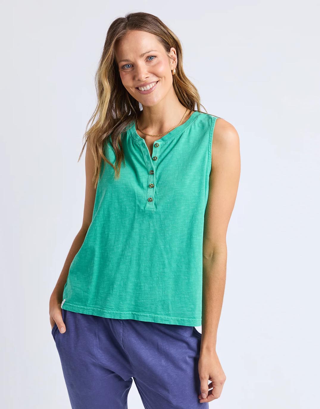 Image of a model wearing Tops. Productname: Elysian Tank - in Gumdrop Green colour by brand - Elm