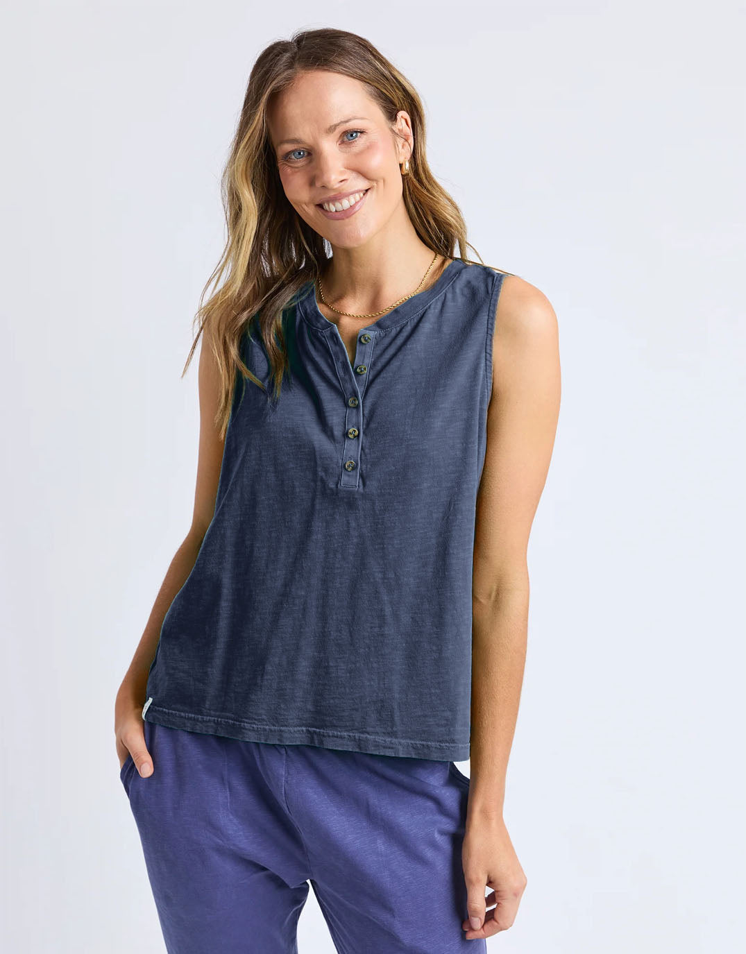 Image of a model wearing Tops. Productname: Elysian Tank - in Navy colour by brand - Elm