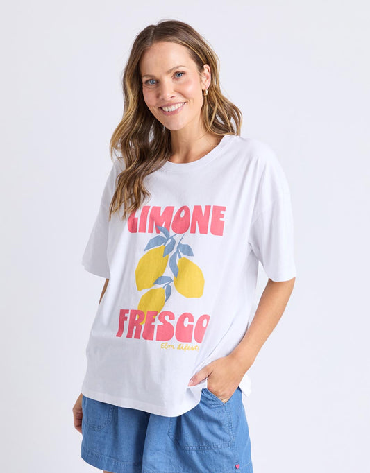 Image of a model wearing Tops. Productname: Limone Fresco Tee - in White colour by brand - Elm
