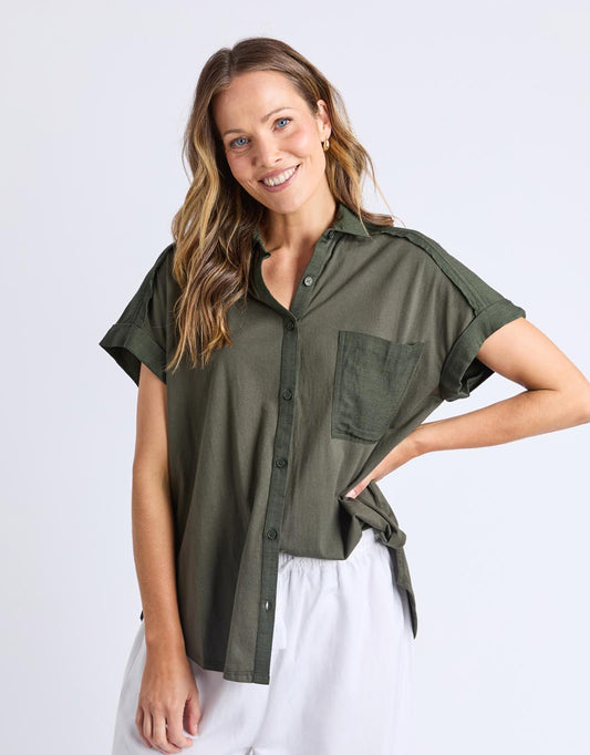 Image of a model wearing Tops. Productname: Locket Shirt - in Khaki colour by brand - Elm