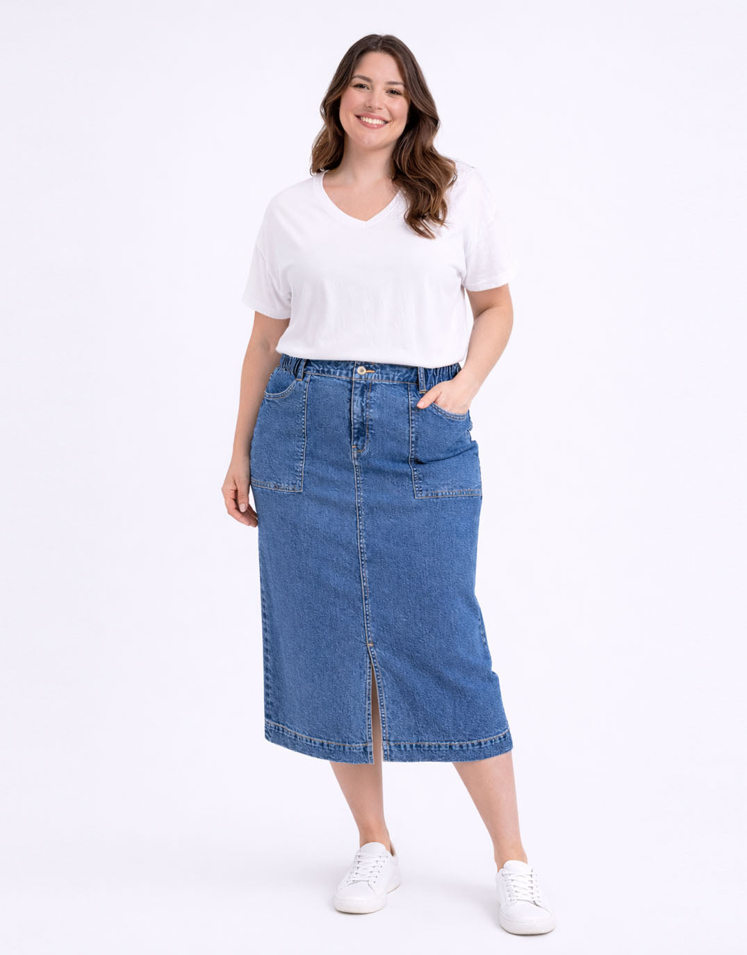 Image of a model wearing Pants. Productname: Long Atlas Skirt - in Dark Blue Wash colour by brand - Elm