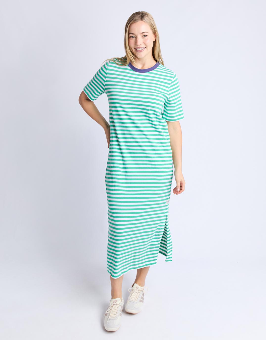 Image of Dresses. Productname: Merry Tee Dress - in Gumdrop Green & White Stripe / Vintage Blue colour by brand - Elm