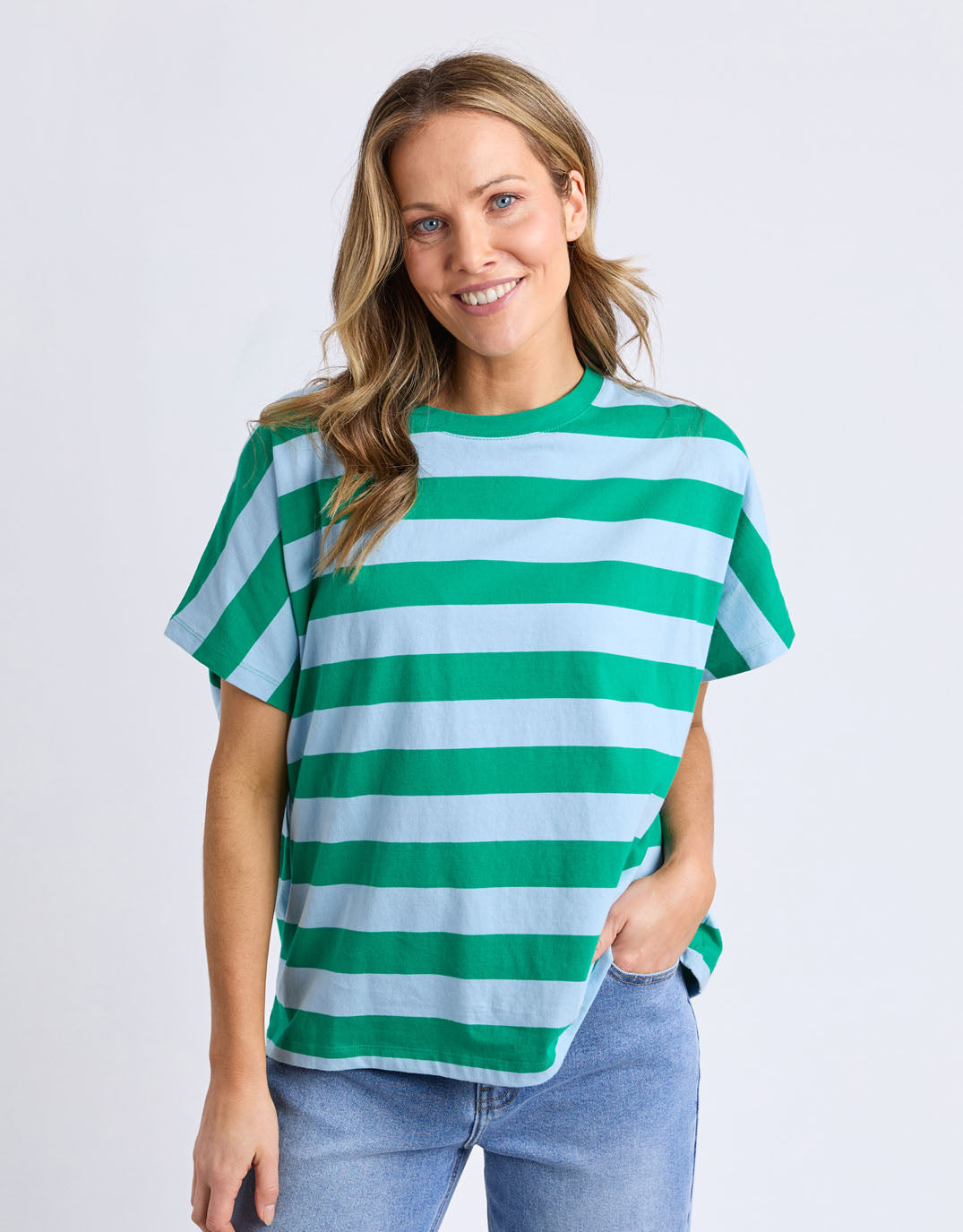 Image of T-Shirts. Productname: Poet Tee - in Green & Blue Stripe colour by brand - Elm