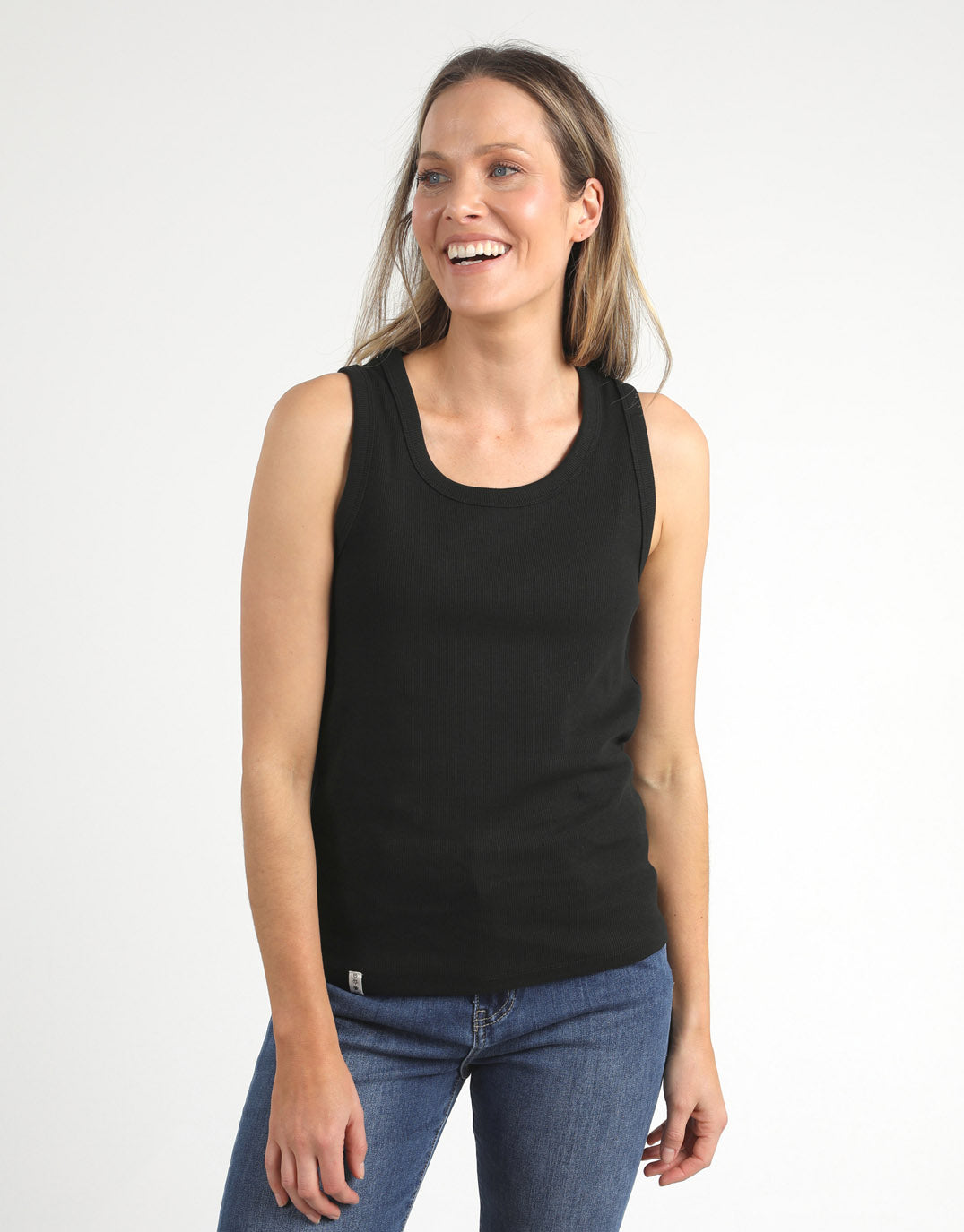 Image of a model wearing Tops. Productname: Rib Crew Tank - in Black colour by brand - Elm