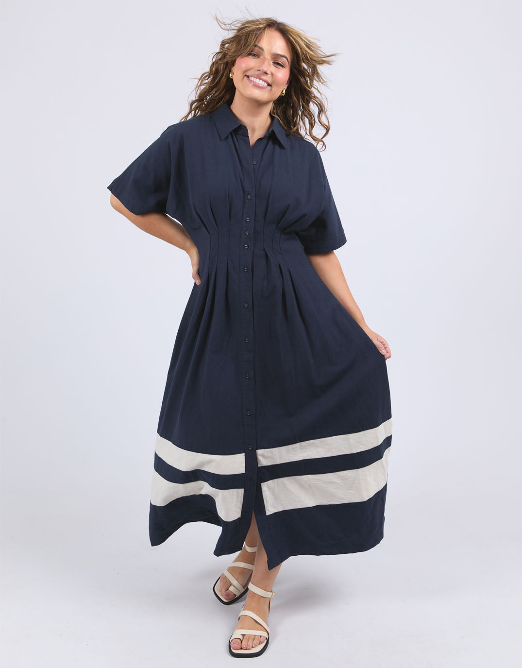 Image of Dresses. Productname: Scarlet Midi Dress - in Navy Stripe colour by brand - Elm