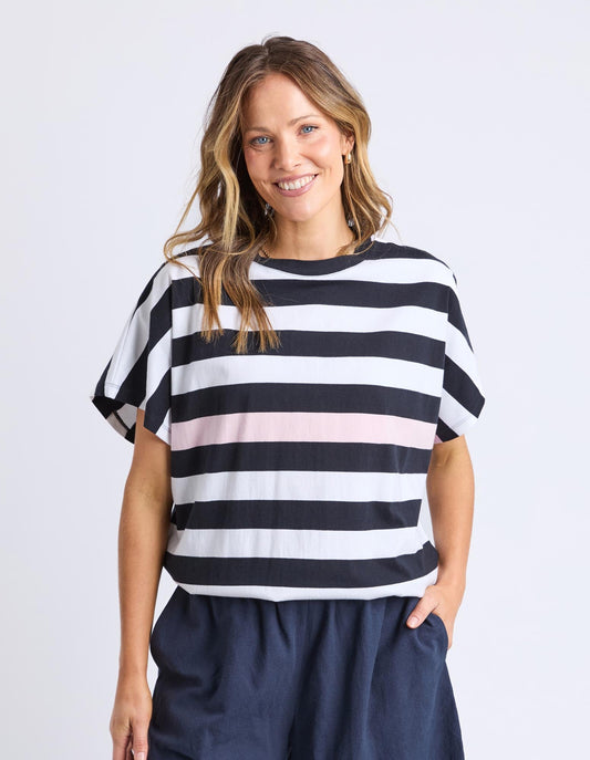 Image of a model wearing Tops. Productname: Sorrento Tee - in Black & White Stripe colour by brand - Elm